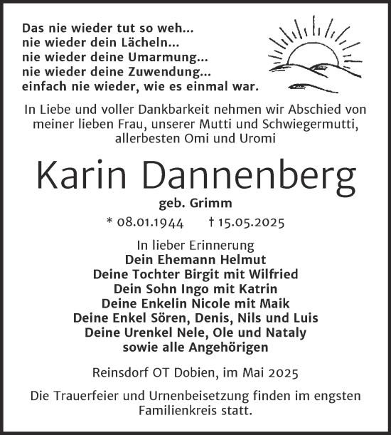 Traueranzeige von Karin Dannenberg von Trauerkombi Wittenberg