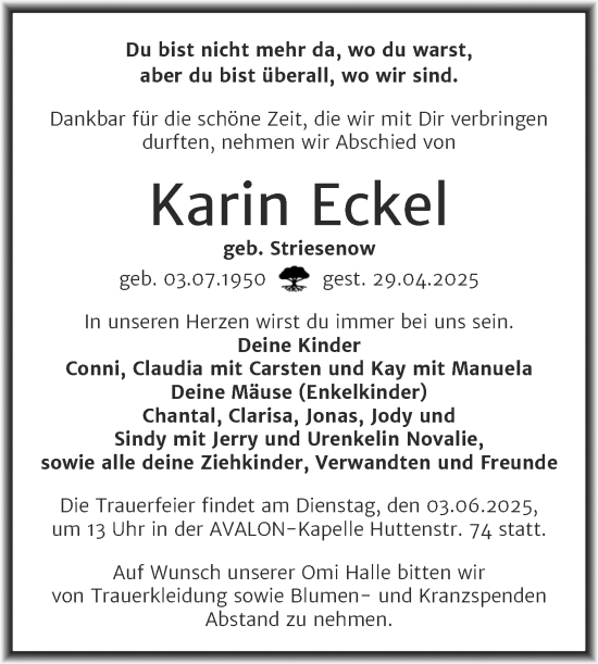 Traueranzeige von Karin Eckel von Mitteldeutsche Zeitung Halle/Saalkreis