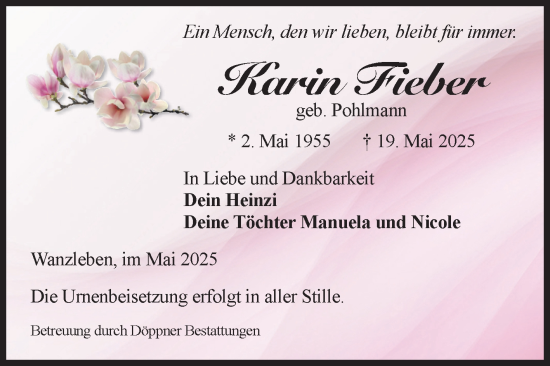 Traueranzeige von Karin Fieber von Volksstimme Oschersleben/Wanzleben