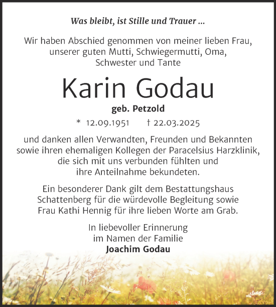 Traueranzeige von Karin Godau von Trauerkombi Merseburg