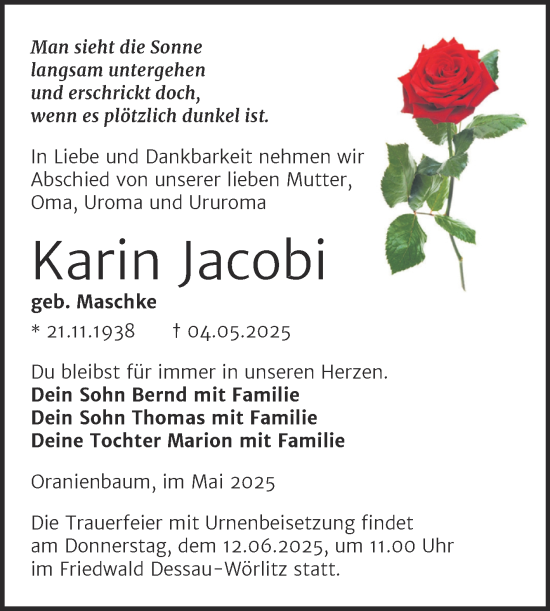 Traueranzeige von Karin Jacobi von Trauerkombi Wittenberg