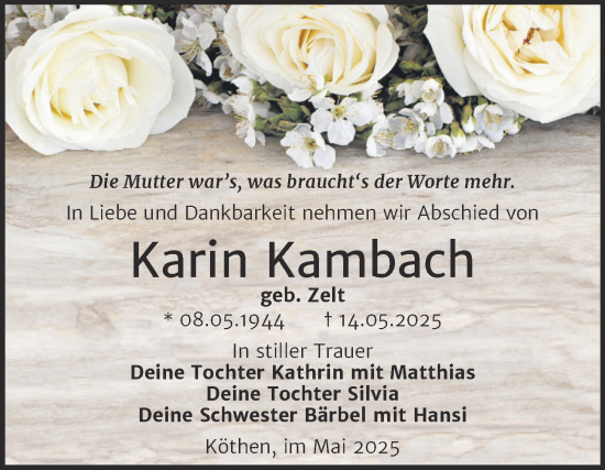 Traueranzeige von Karin Kambach von Trauerkombi Köthen