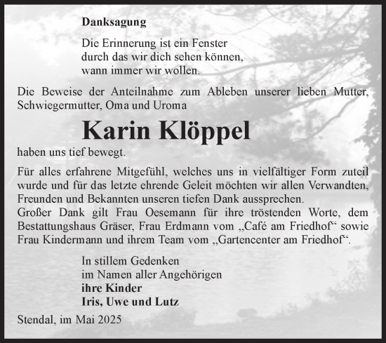 Traueranzeige von Karin Klöppel von Volksstimme Altmark Ost