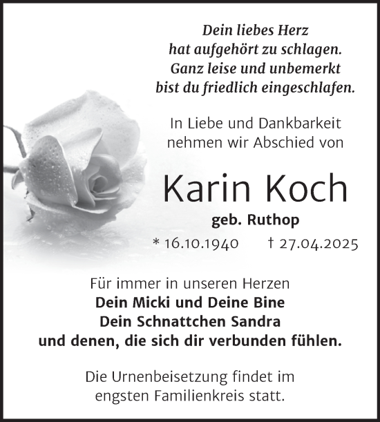 Traueranzeige von Karin Koch von Trauerkombi Bitterfeld