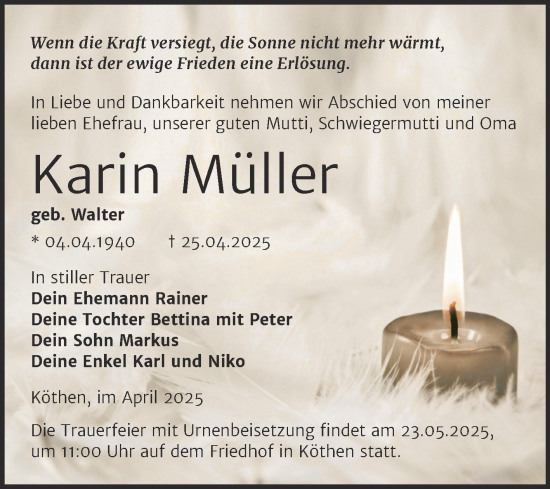 Traueranzeige von Karin Müller von Trauerkombi Köthen