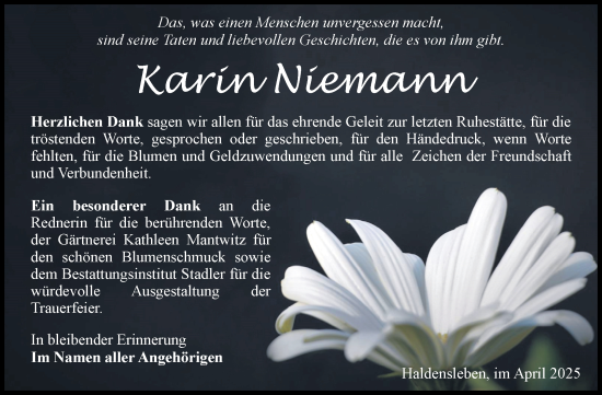 Traueranzeige von Karin Niemann von Volksstimme Haldensleben/Wolmirstedt
