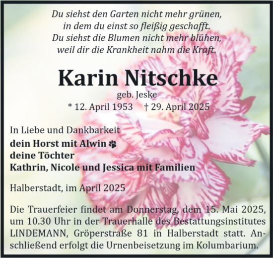 Traueranzeige von Karin Nitschke von Volksstimme Halberstadt