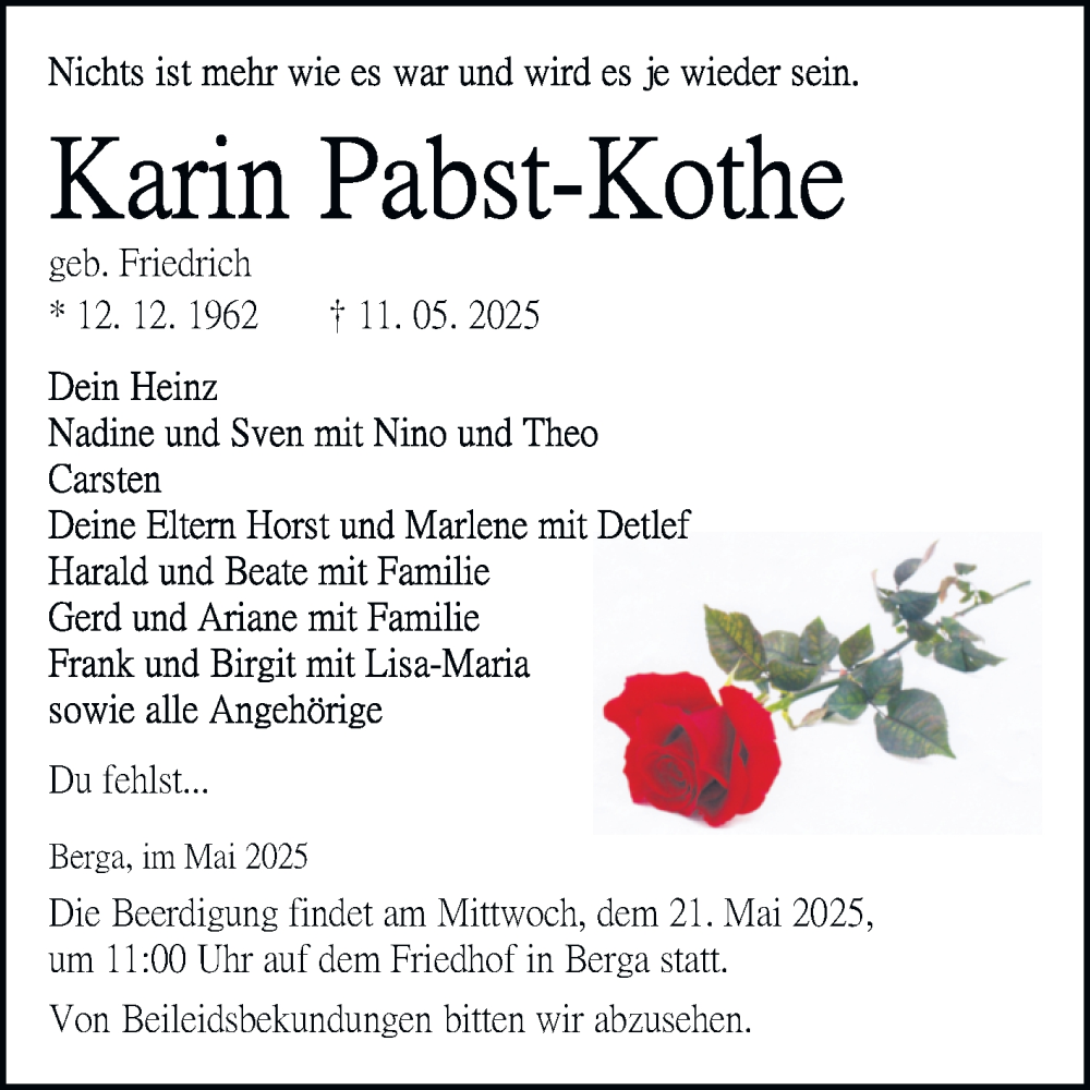  Traueranzeige für Karin Pabst-Kothe vom 17.05.2025 aus Trauerkombi Sangerhausen