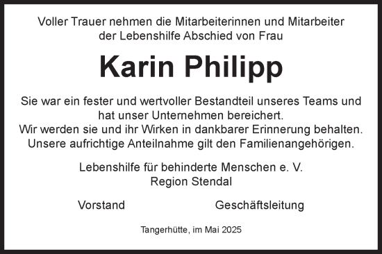 Traueranzeige von Karin Philipp von Volksstimme Altmark Ost