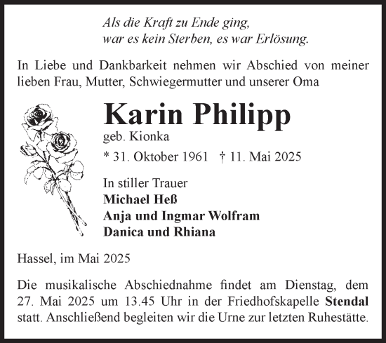 Traueranzeige von Karin Philipp von Volksstimme Altmark Ost