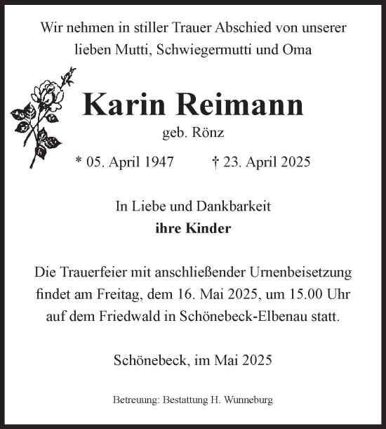 Traueranzeige von Karin Reimann von Volksstimme Schönebeck