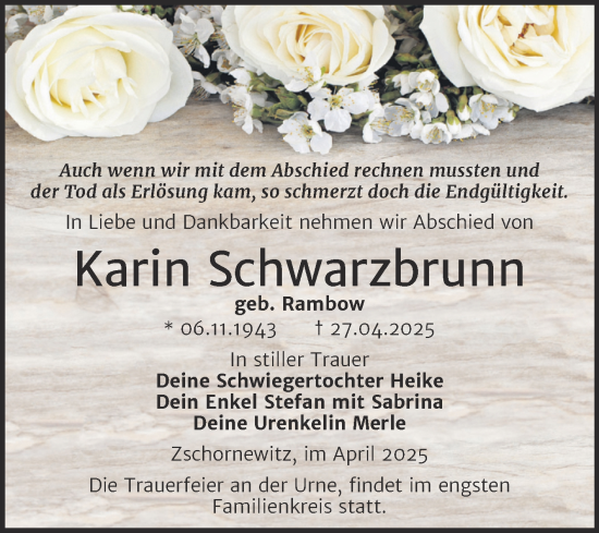 Traueranzeige von Karin Schwarzbrunn von Trauerkombi Wittenberg