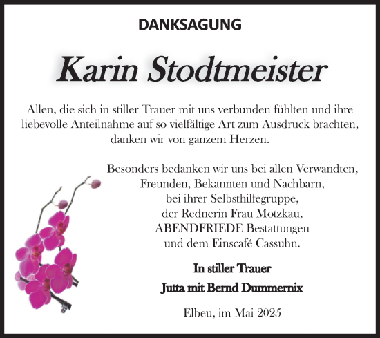 Traueranzeige von Karin Stodtmeister von Volksstimme Haldensleben/Wolmirstedt