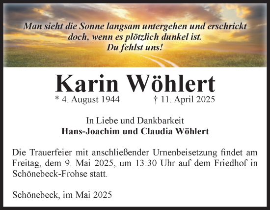 Traueranzeige von Karin Wöhlert von Volksstimme Schönebeck