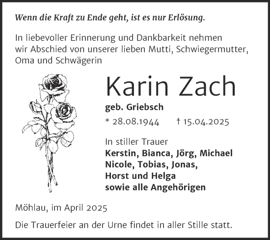 Traueranzeige von Karin Zach von Trauerkombi Wittenberg