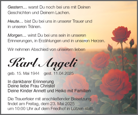 Traueranzeige von Karl Angeli von Trauerkombi Weißenfels
