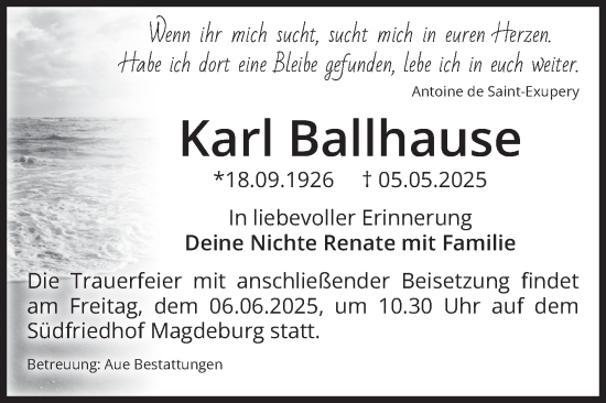 Traueranzeige von Karl Ballhause von Volksstimme Magdeburg