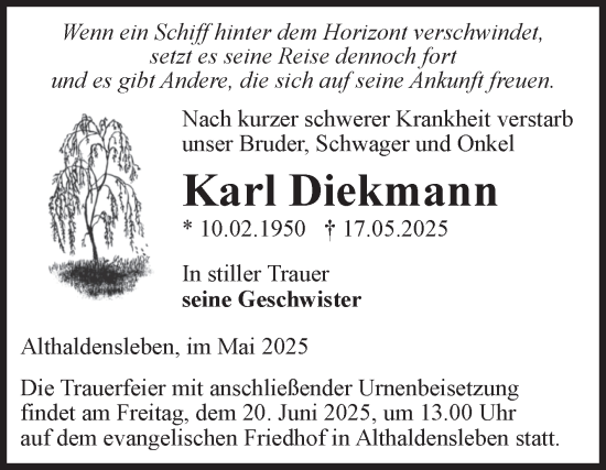 Traueranzeige von Karl Diekmann von Volksstimme Haldensleben/Wolmirstedt