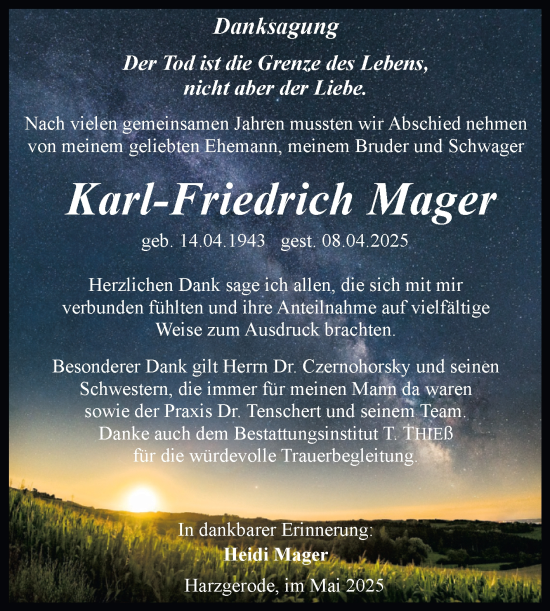 Traueranzeige von Karl-Friedrich Mager von Trauerkombi Quedlinburg