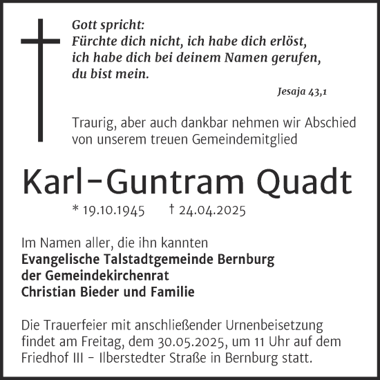 Traueranzeige von Karl-Guntram Quadt von Trauerkombi Bernburg