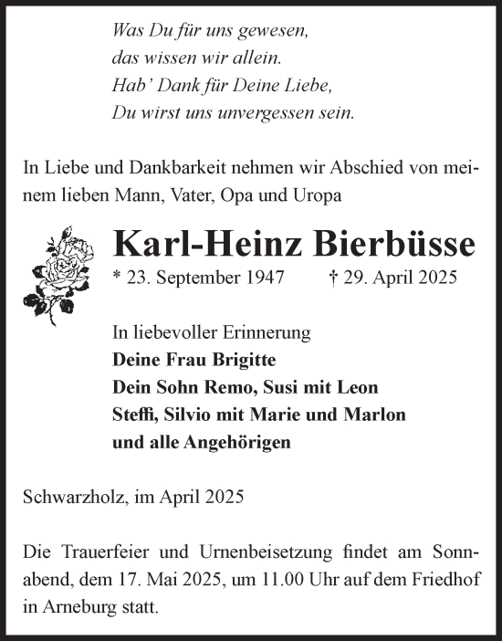 Traueranzeige von Karl-Heinz Bierbüsse von Volksstimme Altmark Ost