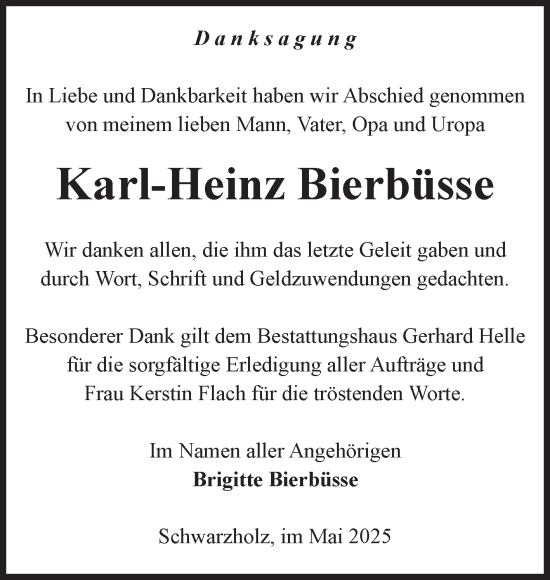 Traueranzeige von Karl-Heinz Bierbüsse von Volksstimme Altmark Ost