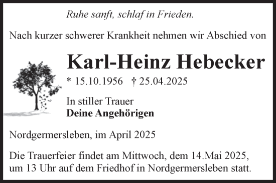 Traueranzeige von Karl-Heinz Hebecker von Volksstimme Haldensleben/Wolmirstedt