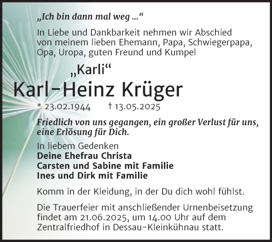 Traueranzeige von Karl-Heinz Krüger von Trauerkombi Dessau