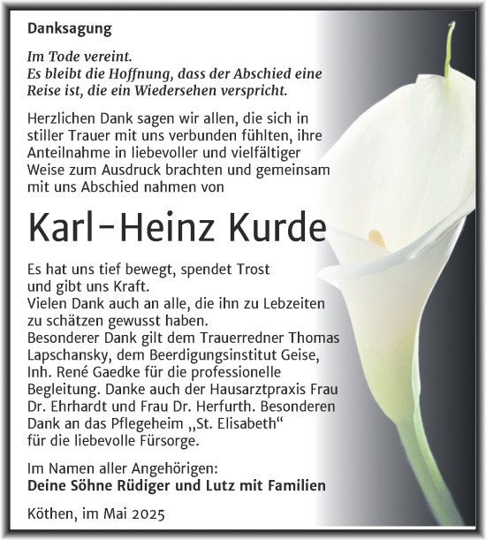 Traueranzeige von Karl-Heinz Kurde von Trauerkombi Köthen