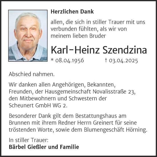 Traueranzeige von Karl-Heinz Szendzina von Trauerkombi Mansfelder Land