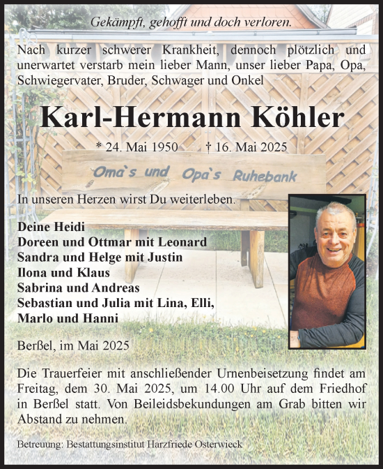 Traueranzeige von Karl-Hermann Köhler von Volksstimme Halberstadt
