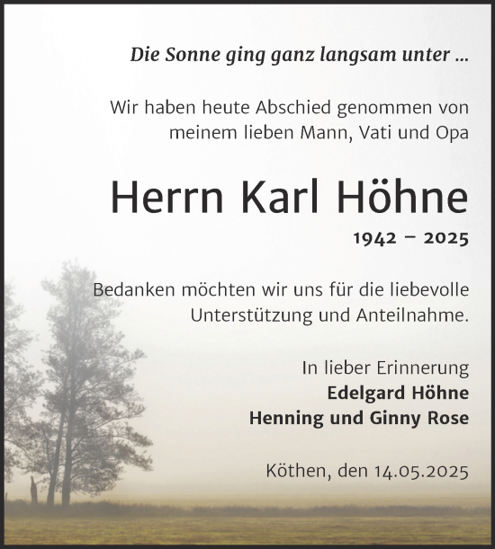 Traueranzeige von Karl Höhne von Trauerkombi Köthen