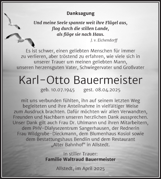 Traueranzeige von Karl-Otto Bauermeister von Trauerkombi Sangerhausen