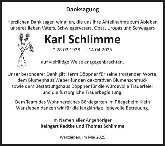 Traueranzeige von Karl Schlimme von Volksstimme Oschersleben/Wanzleben