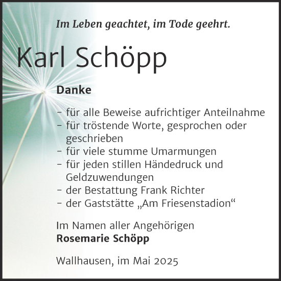 Traueranzeige von Karl Schöpp von Trauerkombi Sangerhausen