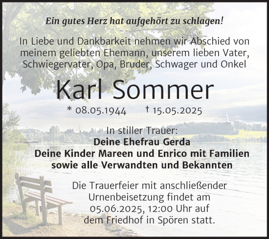 Traueranzeige von Karl Sommer von Trauerkombi Bitterfeld