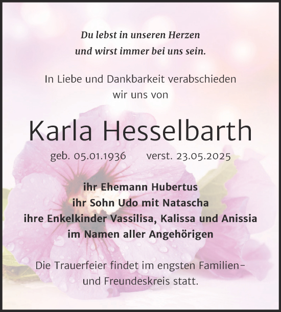Traueranzeige von Karla Hesselbarth von Naumburger Tageblatt