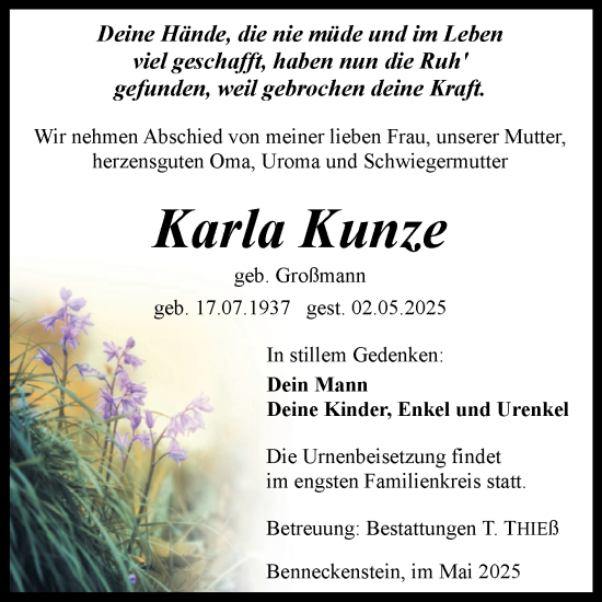 Traueranzeige von Karla Kunze von Volksstimme Wernigerode