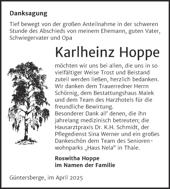 Traueranzeige von Karlheinz Hoppe von Trauerkombi Quedlinburg