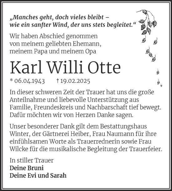Traueranzeige von Karl Willi Otte von Trauerkombi Bitterfeld