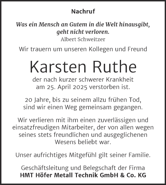 Traueranzeige von Karsten Ruthe von Super Sonntag Mansfelder Land