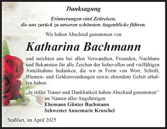 Traueranzeige von Katharina Bachmann von Volksstimme Staßfurt