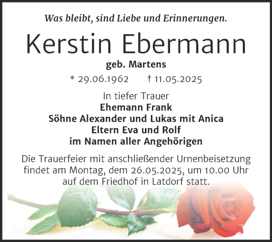 Traueranzeige von Kerstin Ebermann von Trauerkombi Bernburg
