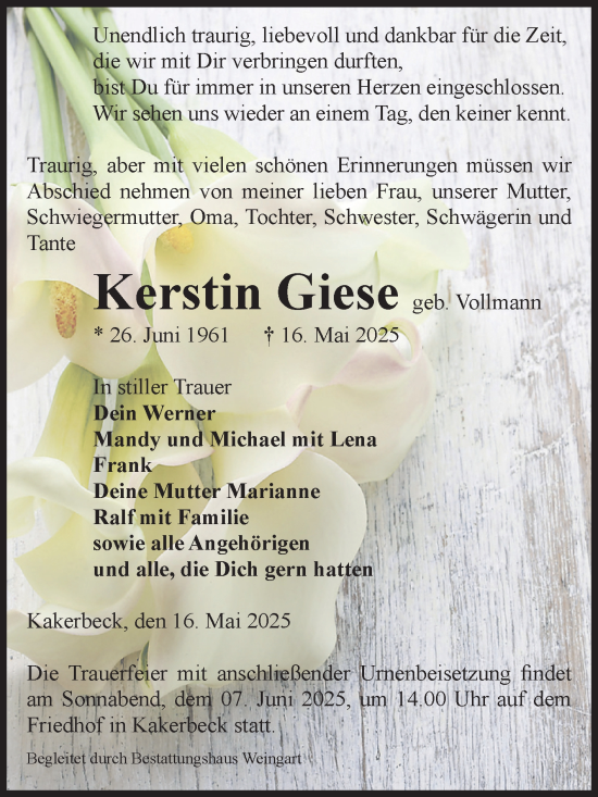 Traueranzeige von Kerstin Giese von Volksstimme Altmark West
