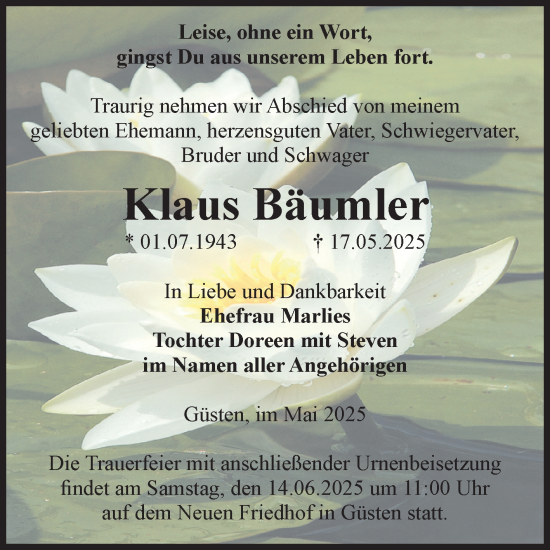 Traueranzeige von Klaus Bäumler 