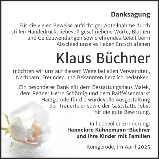 Traueranzeige von Klaus Büchner von Trauerkombi Quedlinburg