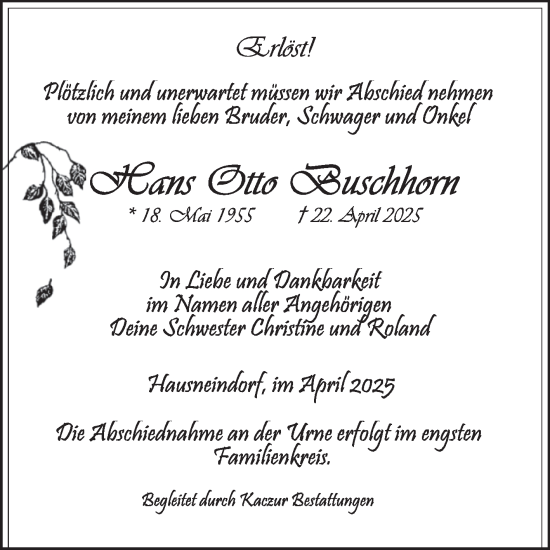 Traueranzeige von Klaus Buschhorn von Trauerkombi Quedlinburg