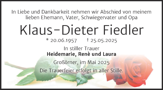 Traueranzeige von Klaus-Dieter Fiedler von Trauerkombi Mansfelder Land