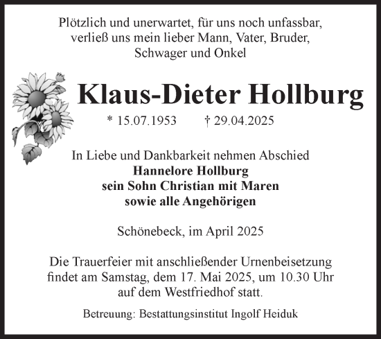 Traueranzeige von Klaus-Dieter Hollburg von Volksstimme Schönebeck