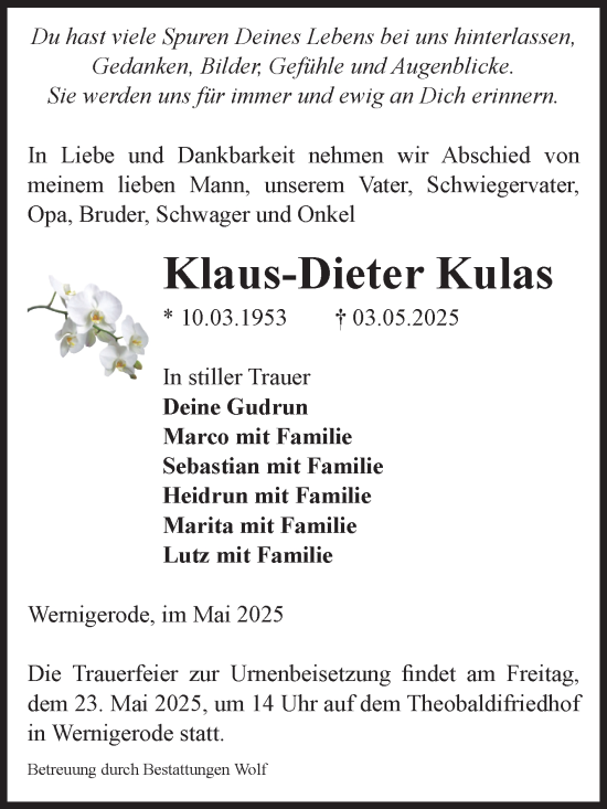 Traueranzeige von Klaus-Dieter Kulas von Volksstimme Wernigerode